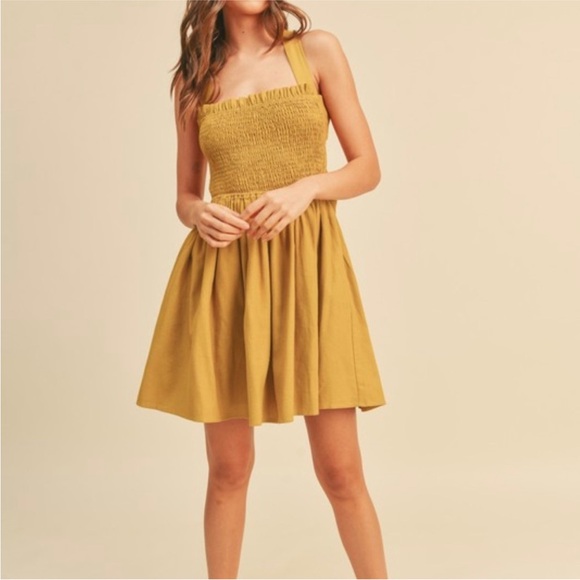 MIOU MUSE Mustard Yellow Linen Blend Crisscross Open Back Dress – Size M - Picture 3 of 16